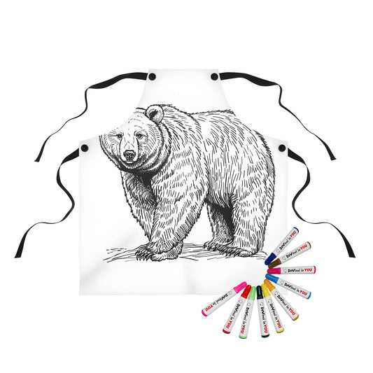 Detailed brown bear picture apron, fun grizzly bear coloring page inspired print on apron for adults and kids