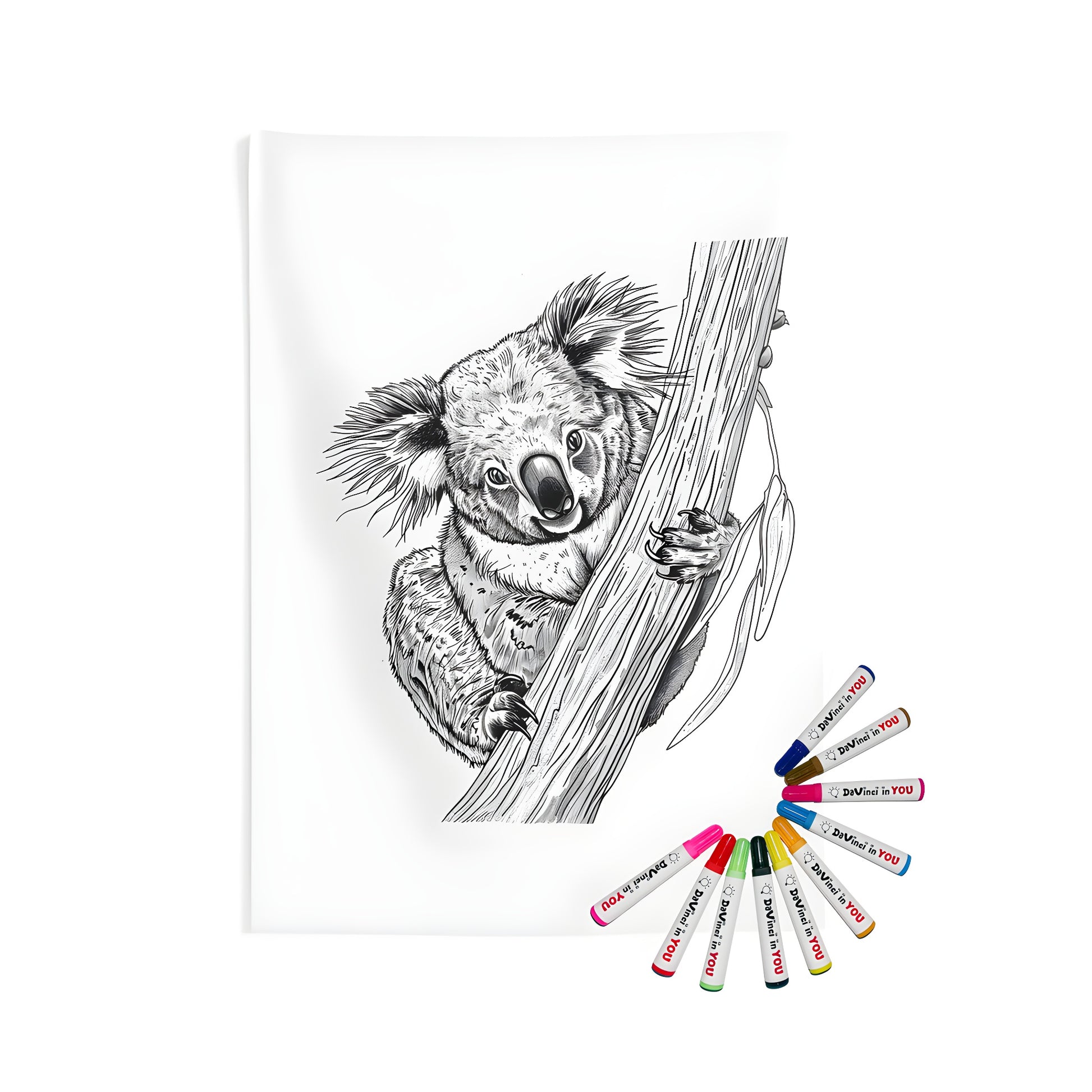 Coloring page wall hanging of a marsupial clinging to a eucalyptus tree branch - Indoor fabric art