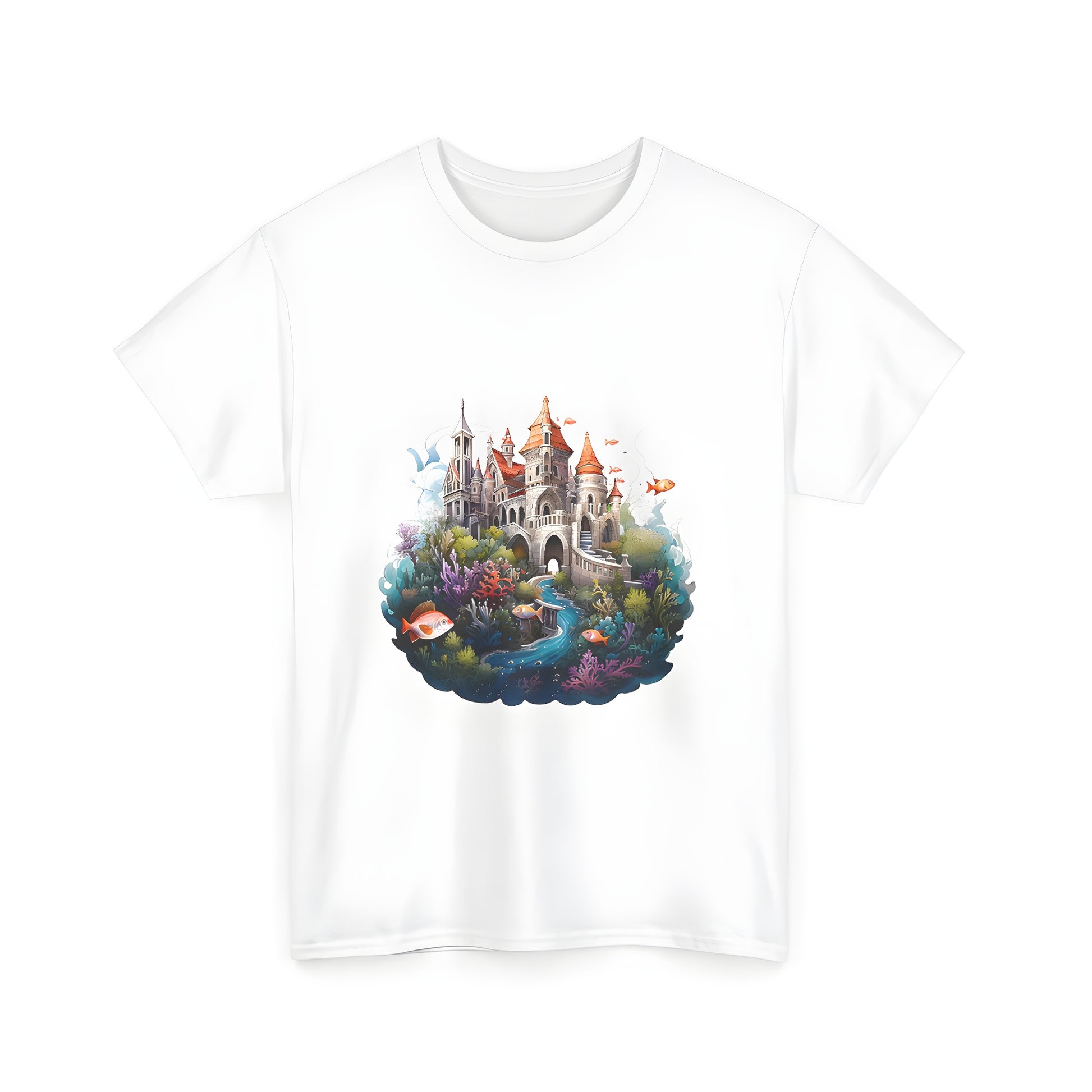 Underwater kingdom illustration t-shirt featuring colorful coral, fish and an aquatic environment