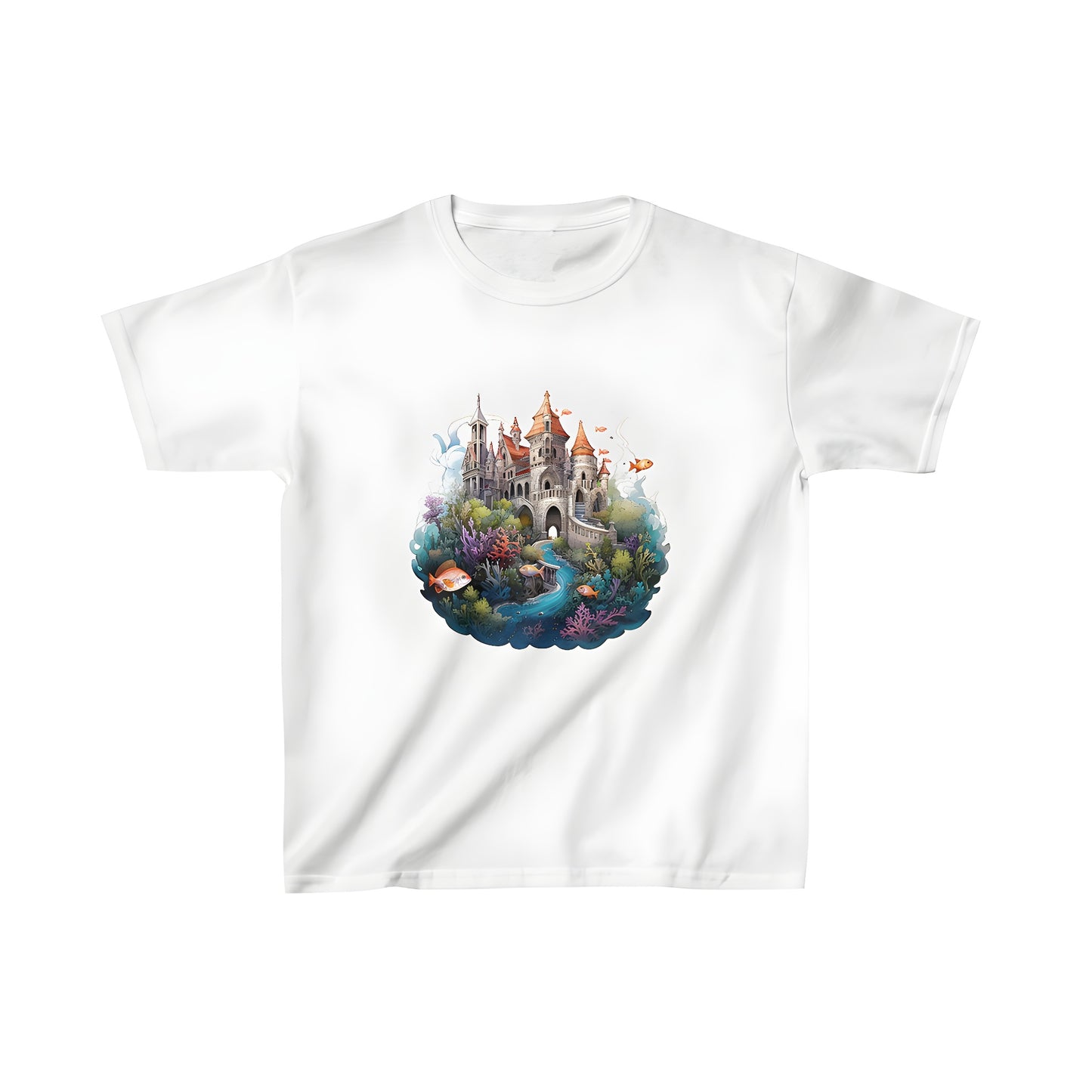 Colorful kids t-shirt featuring an underwater kingdom design with coral, fish and other ocean creatures