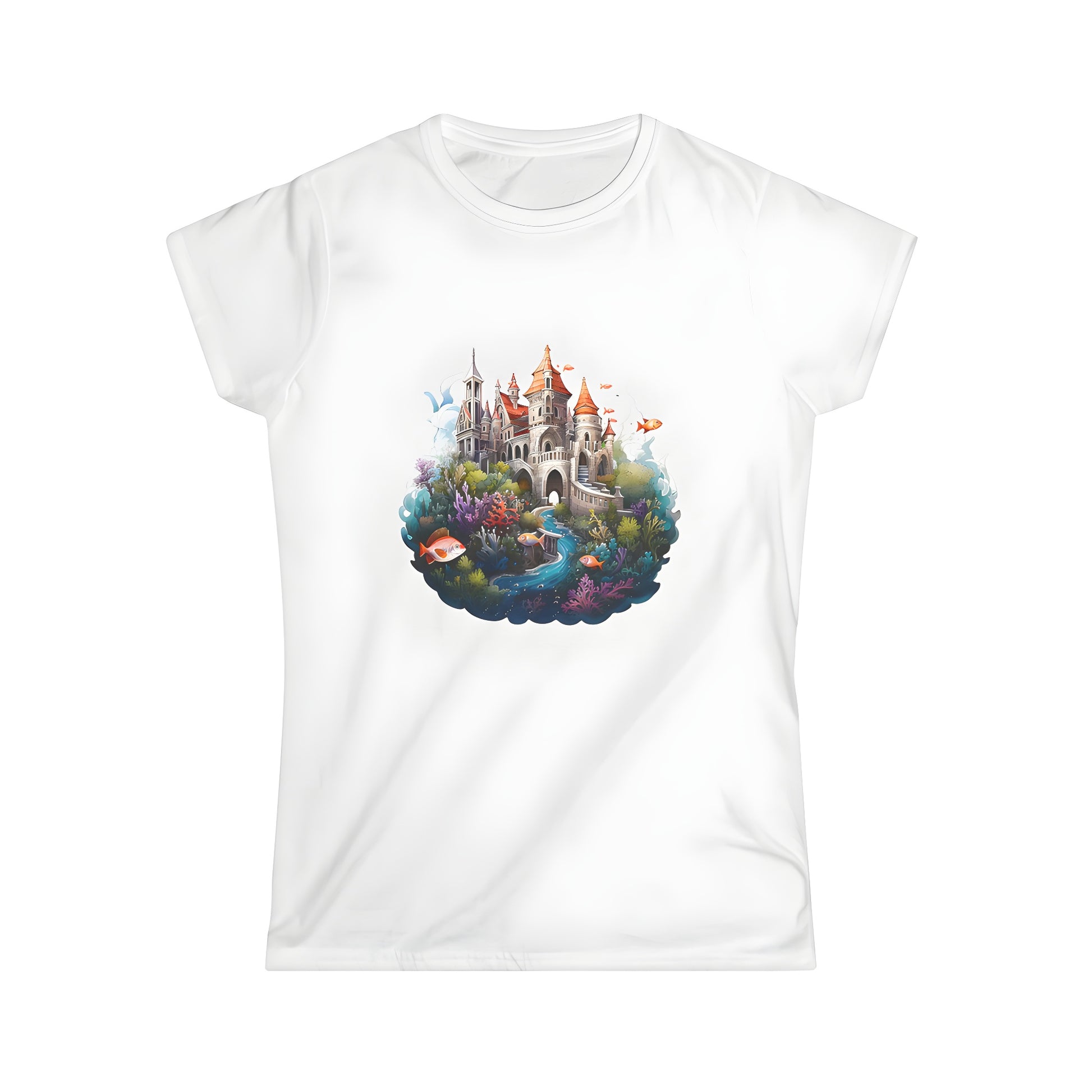 Women's T-shirt featuring an underwater castle illustration with coral, fish, and ocean vibes