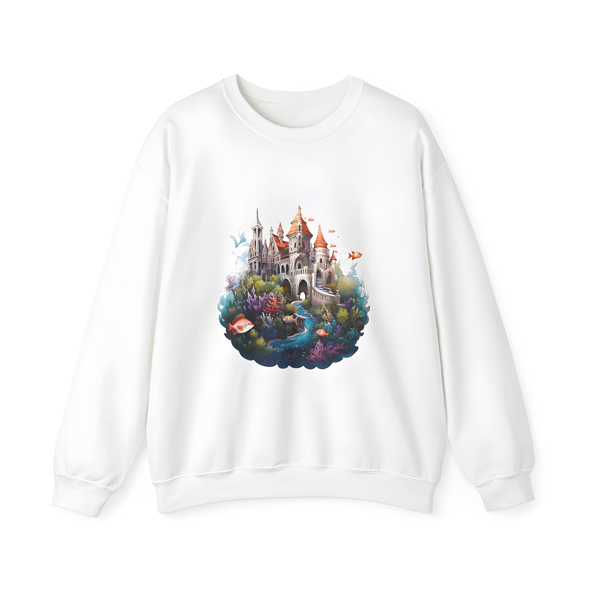 Adult sweatshirt featuring an underwater castle illustration with coral, fish, and oceanic vibes. Includes an enchanting aquatic theme and vibrant colors.