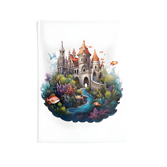 Indoor wall tapestry featuring an underwater kingdom scene with colorful coral, fish, and aquatic environment