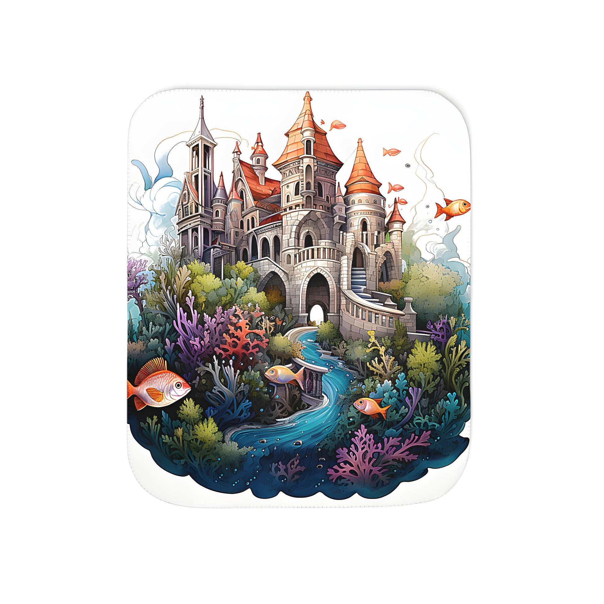 Cozy blanket featuring an enchanting underwater scene of a castle surrounded by colorful coral and lively fish