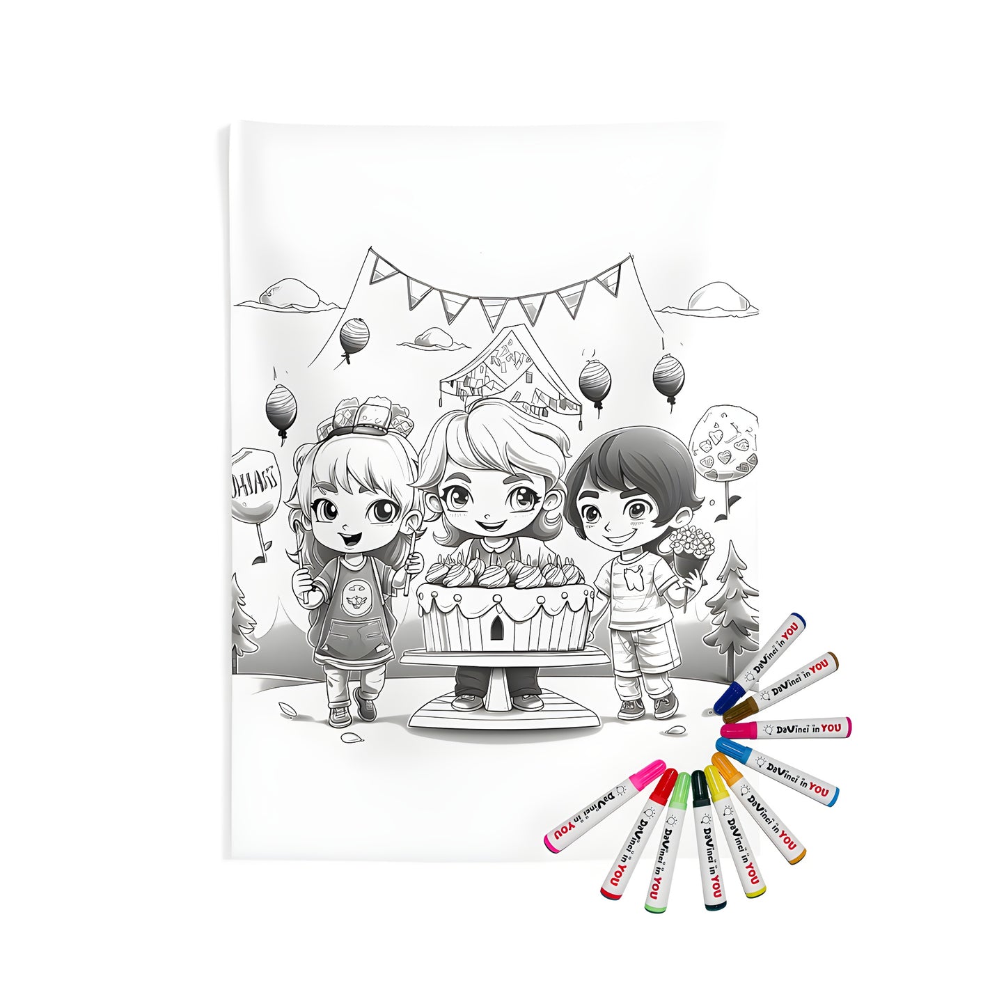 Three happy kids celebrating a birthday with a cake and balloons on a colorful indoor wall tapestry