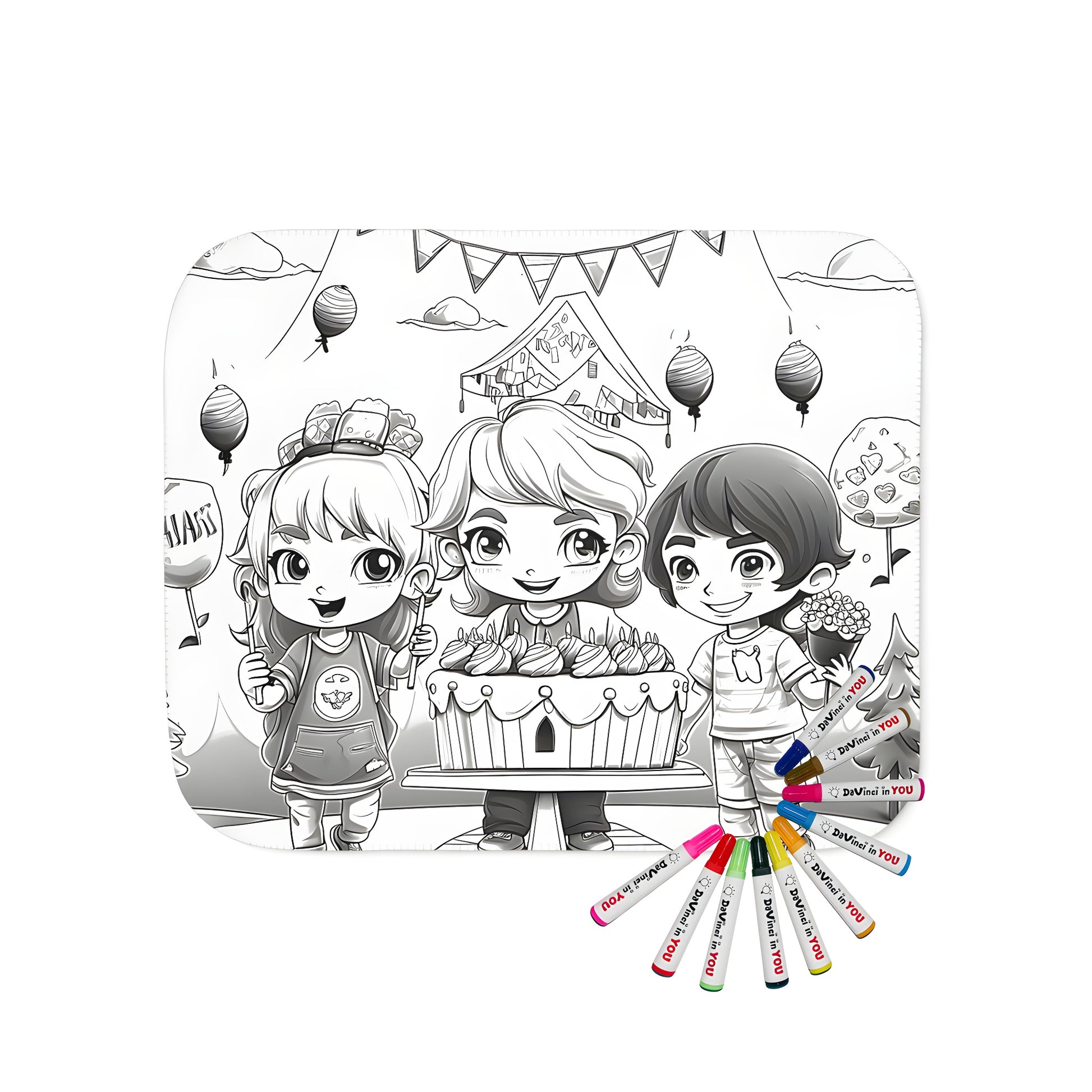 Children's party blanket with a Three happy children celebrating a birthday design