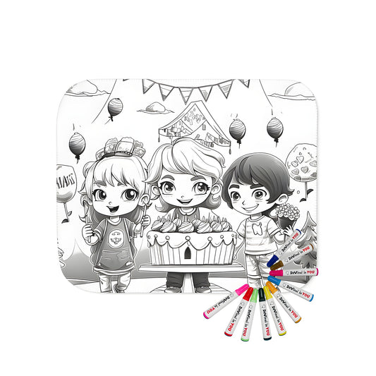 Children's party blanket with a Three happy children celebrating a birthday design