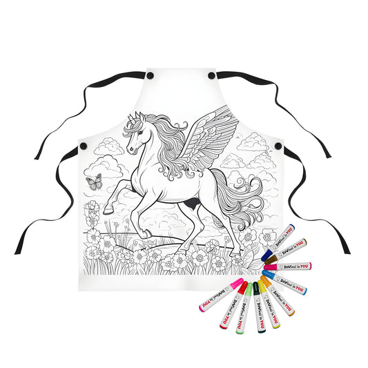 Coloring apron with whimsical winged unicorn illustration design featuring flowers, butterflies, and clouds. Perfect for kids and adults who love art and fantasy.