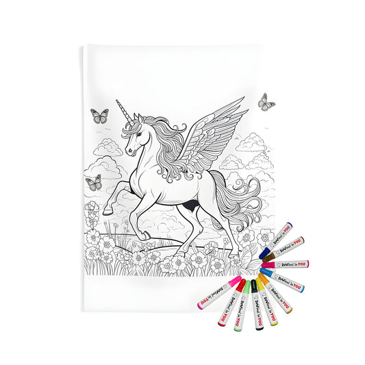 Indoor wall tapestries featuring winged unicorn art, line drawing of mythical creatures with flowers and butterflies