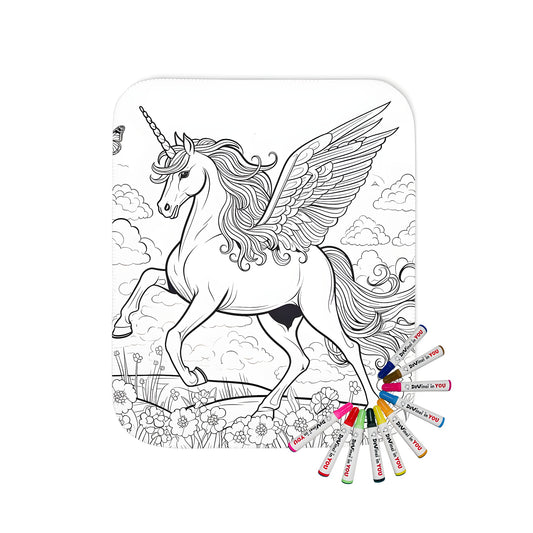 A beautiful blanket featuring an enchanting winged unicorn illustration, surrounded by vibrant flowers and butterflies, set against a soft cloud background. Perfect for any coloring book enthusiast or fan of whimsical decor.