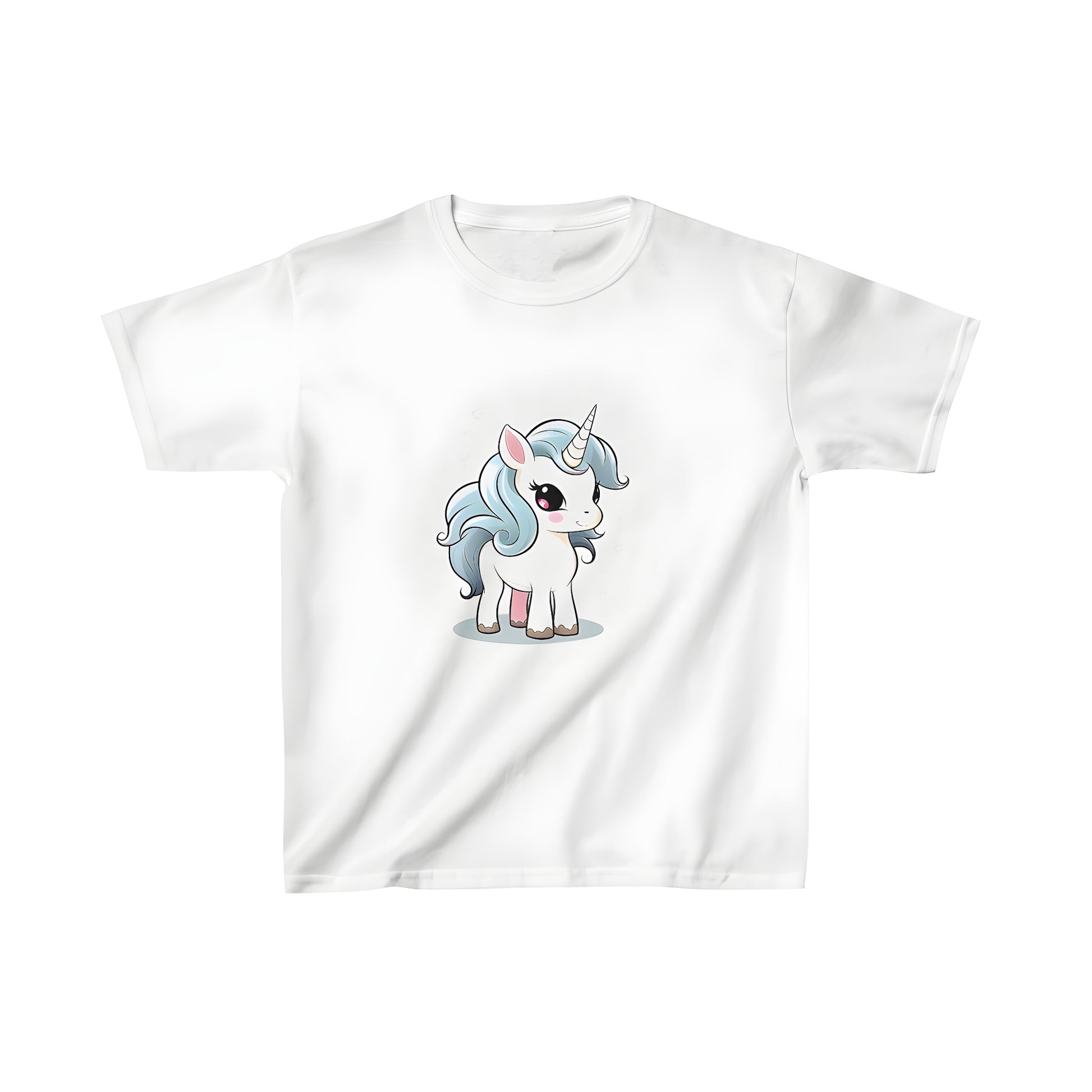 Colorful illustration of a cute baby unicorn on a kid's t-shirt with a blue mane and yellow horn surrounded by stars. Adorable infant unicorn apparel design for toddlers and young children.