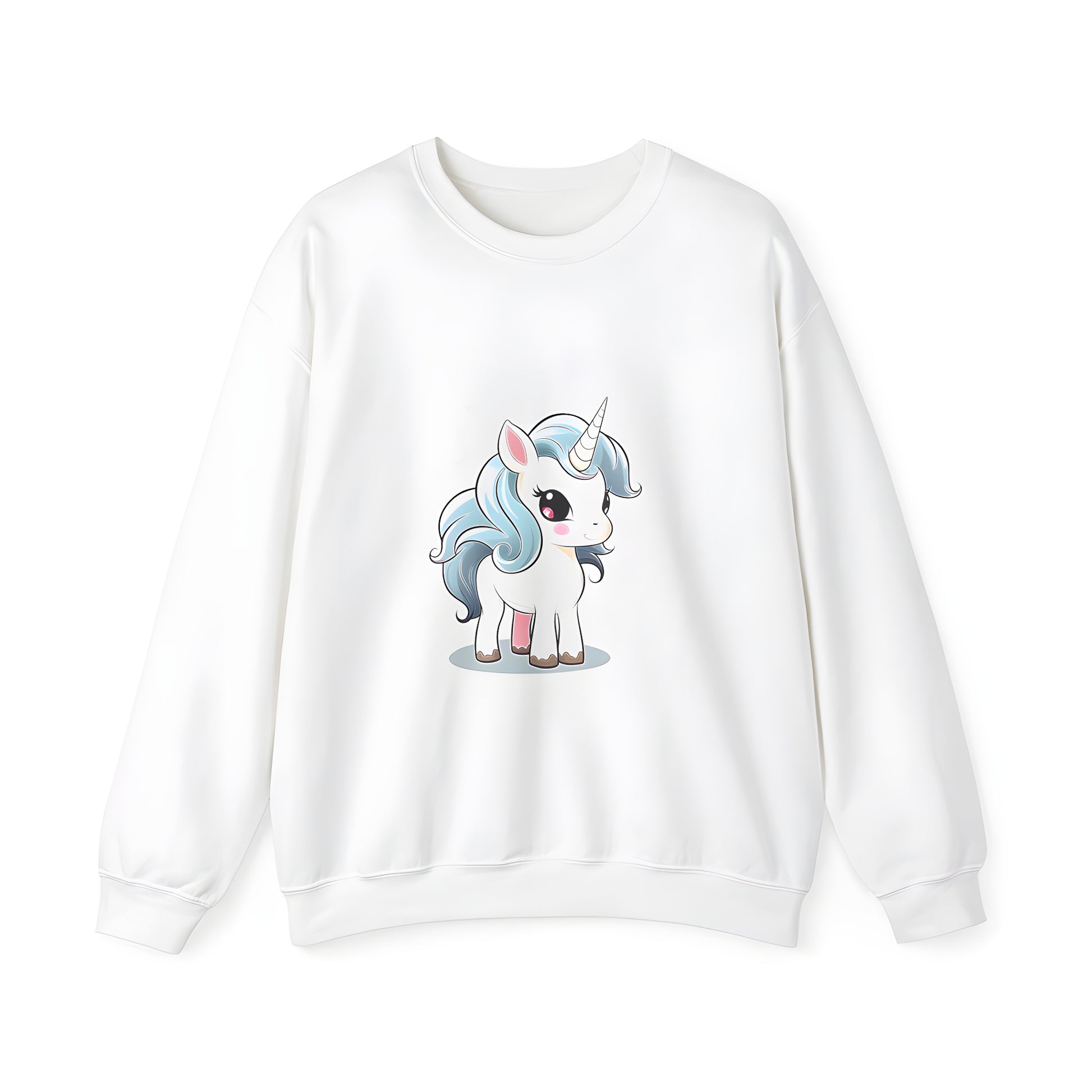 Adult Sweatshirt featuring an illustration of a cute baby unicorn with a blue mane and yellow horn, surrounded by small stars.