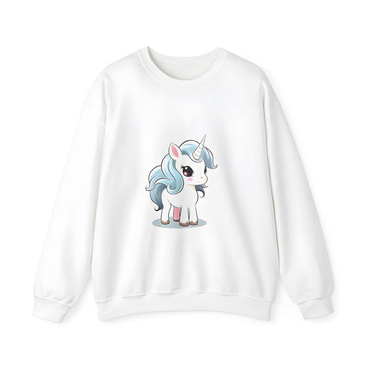 Adult Sweatshirt featuring an illustration of a cute baby unicorn with a blue mane and yellow horn, surrounded by small stars.