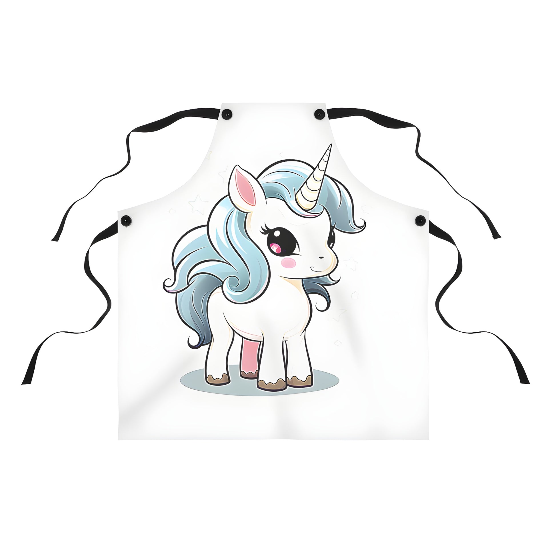 Colorful illustration apron design featuring cute baby unicorn with blue mane and yellow horn surrounded by stars