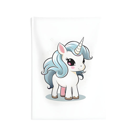 Colorful baby unicorn illustration with blue mane and yellow horn on indoor wall tapestry