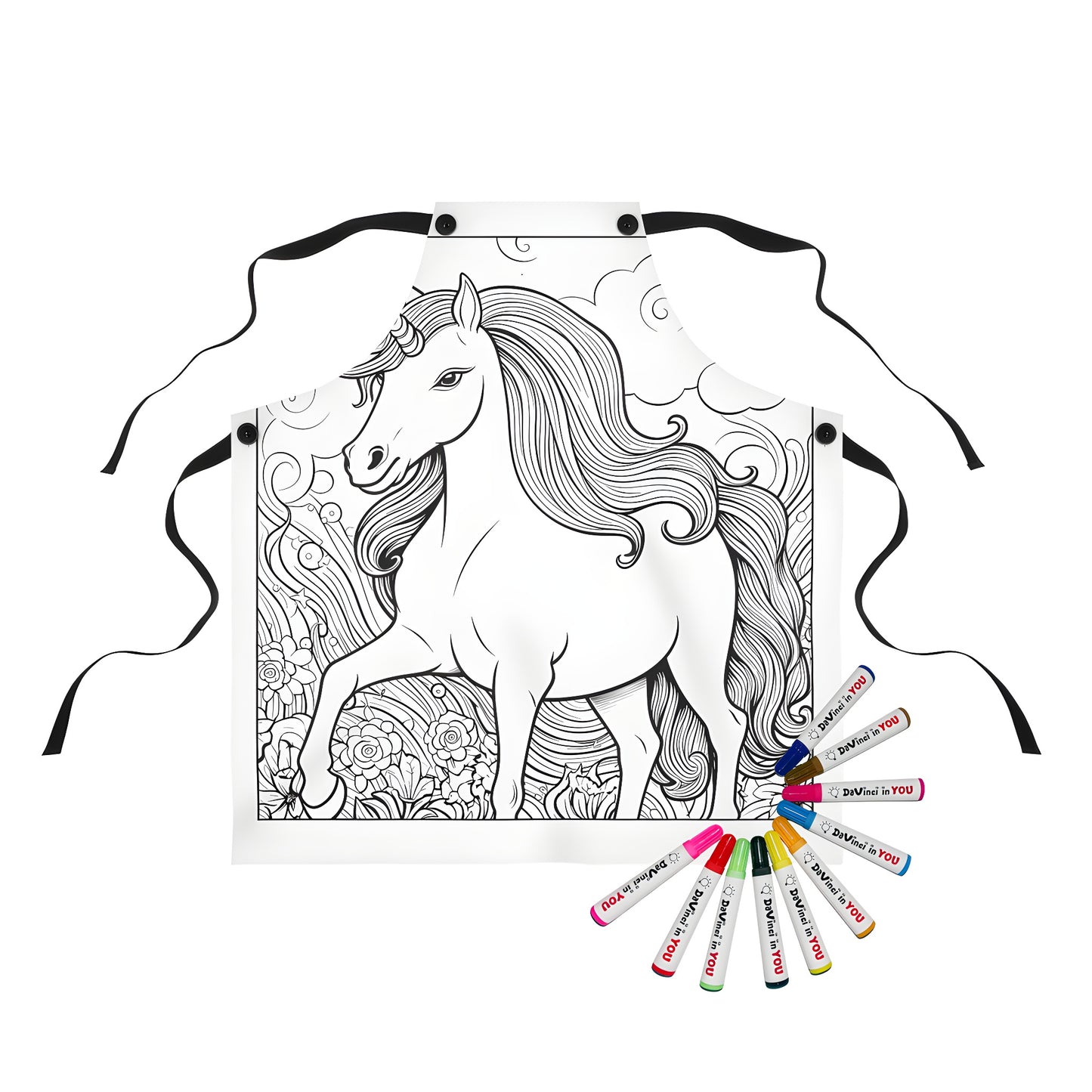 Apron featuring a whimsical fantasy unicorn illustration with flowing mane and flowers