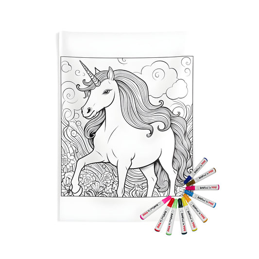 Indoor wall tapestry of fantasy unicorn design, featuring a majestic mythical creature with flowing mane and surrounded by flowers and clouds