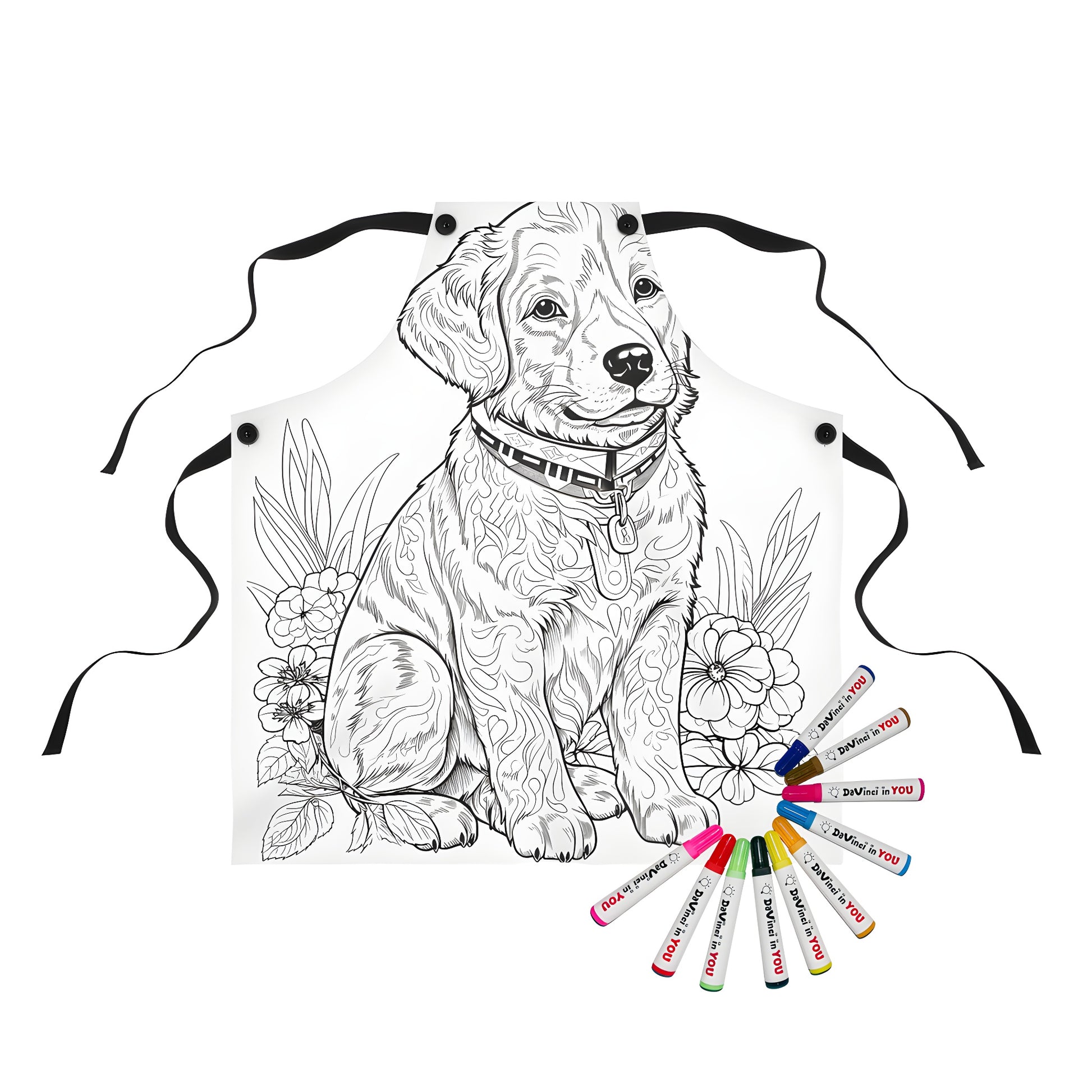 Colorful apron featuring a fun black and white drawing of a cute dog breed companion wearing a collar sitting among flowers