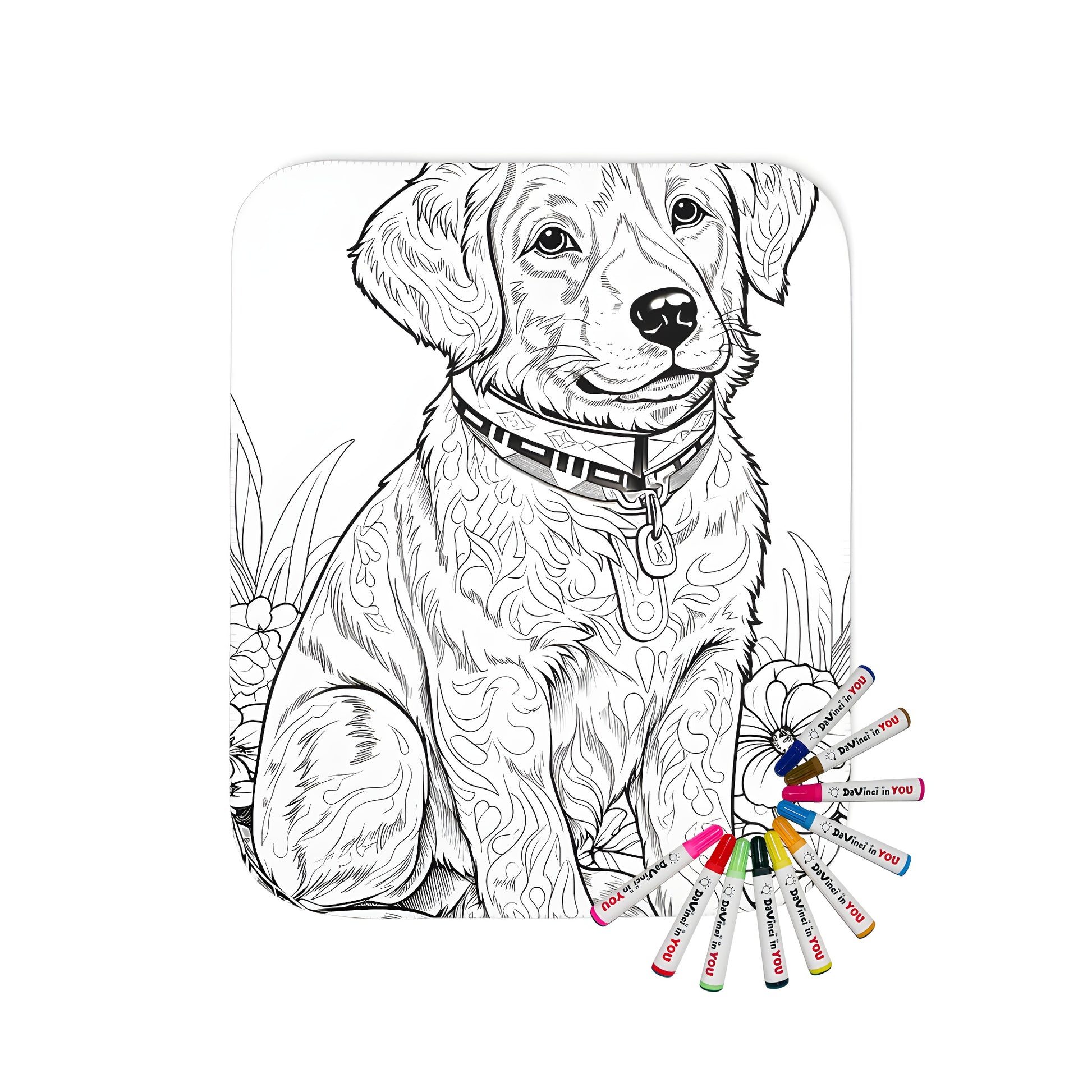 Cute puppy coloring blanket with fabric markers and fun floral designs