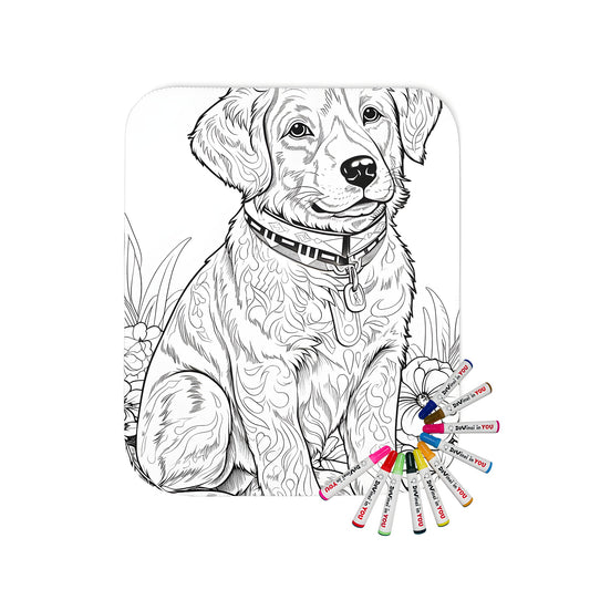 Cute puppy coloring blanket with fabric markers and fun floral designs