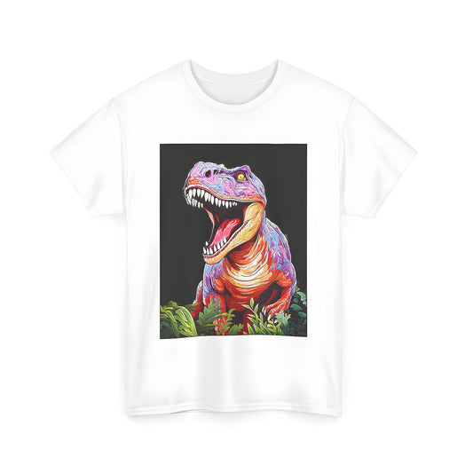 Prehistoric T-Rex graphic print t-shirt with lush foliage