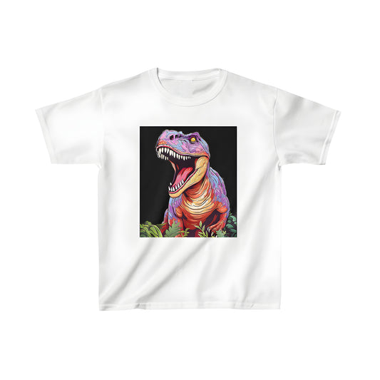 Colorful kid's t-shirt featuring a roaring prehistoric dinosaur and lush green plants