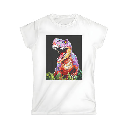 Vibrant women's graphic t-shirt featuring a colorful illustration of a roaring Tyrannosaurus Rex amidst lush greenery