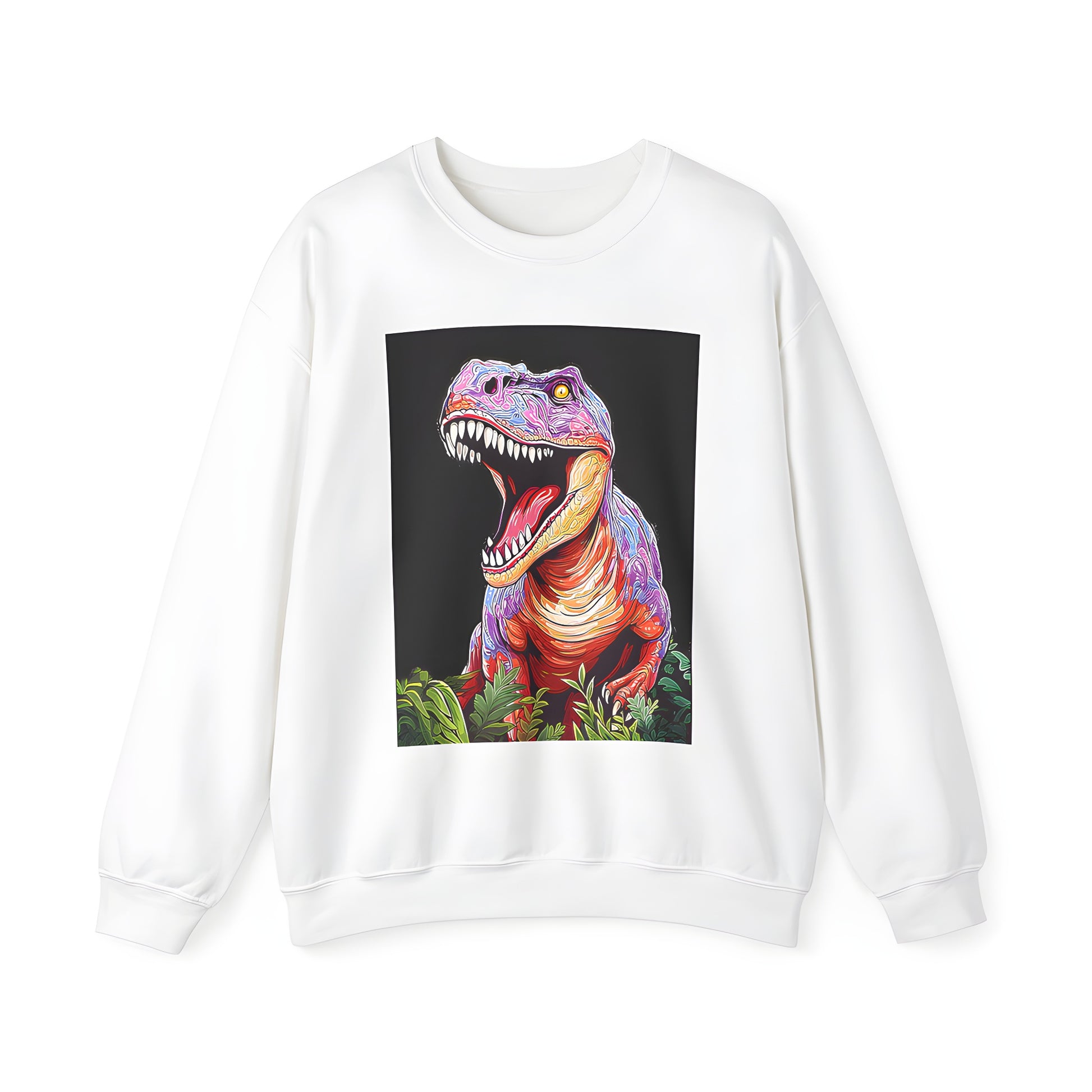 Prehistoric dinosaur tee for adults, featuring a colorful illustration of a Tyrannosaurus Rex surrounded by lush greenery and printed on a soft sweatshirt.