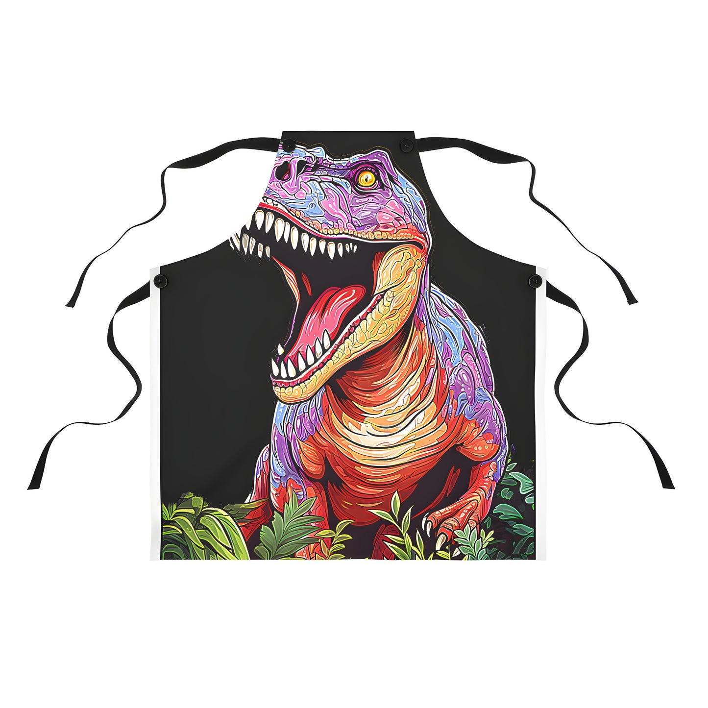 Colorful dinosaur apron featuring a detailed illustration of a prehistoric Apatosaurus and Diplodocus surrounded by lush greenery for a unique and fun kitchen accessory.