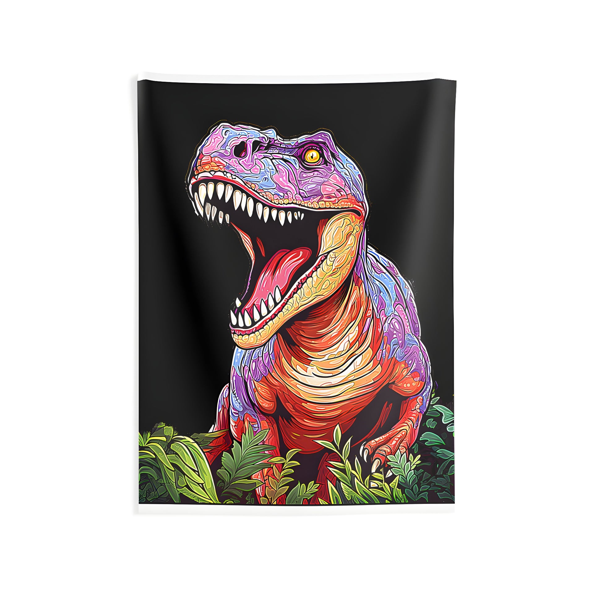 Indoor wall tapestries featuring a colorful illustration of a mighty Tyrannosaurus Rex amidst lush greenery