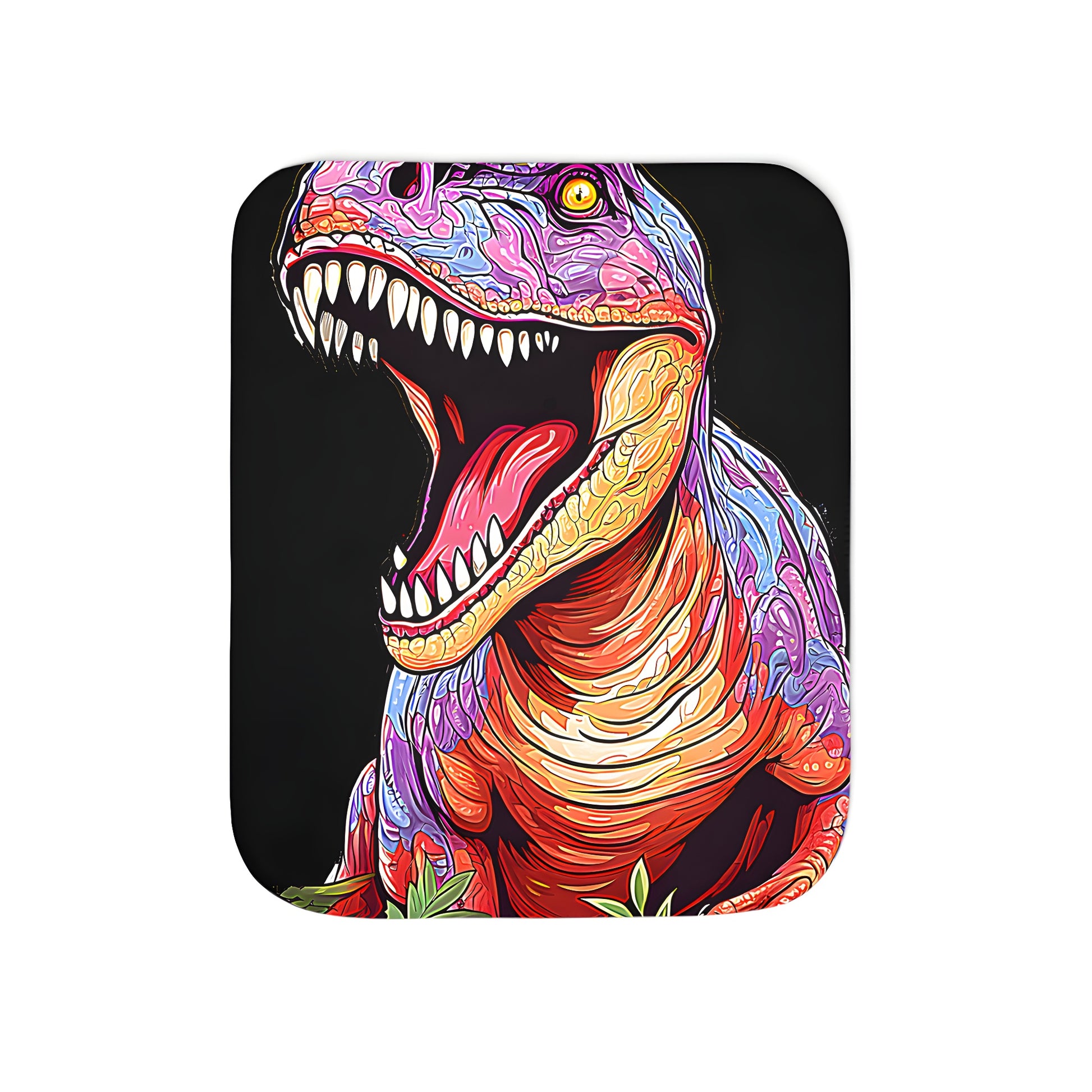 Vibrant dinosaur blanket featuring a detailed illustration of a roaring T-Rex surrounded by lush green plants