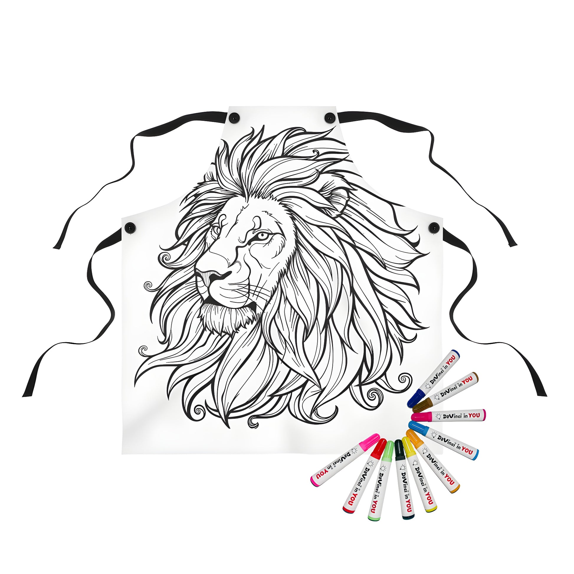 Apron with majestic lion design, perfect for kids and adults to color and wear