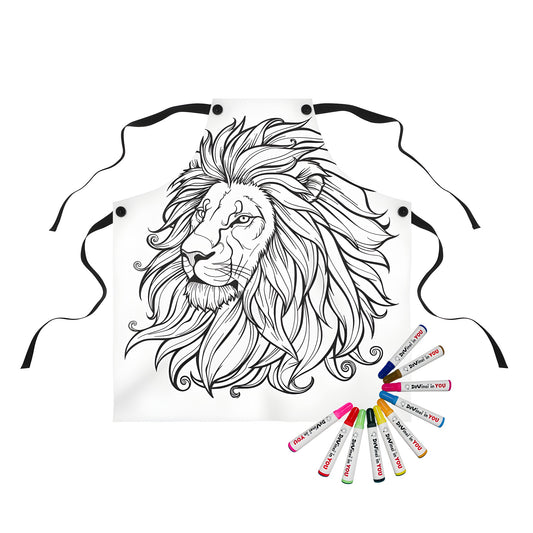 Apron with majestic lion design, perfect for kids and adults to color and wear