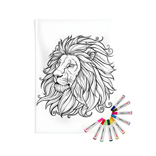 Indoor wall tapestry featuring a majestic lion's head with flowing mane for adults and kids to color