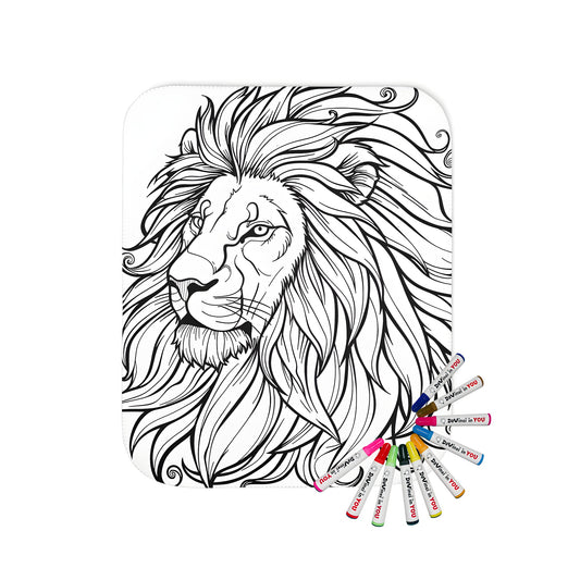 Blanket with detailed black and white lion outline design for coloring