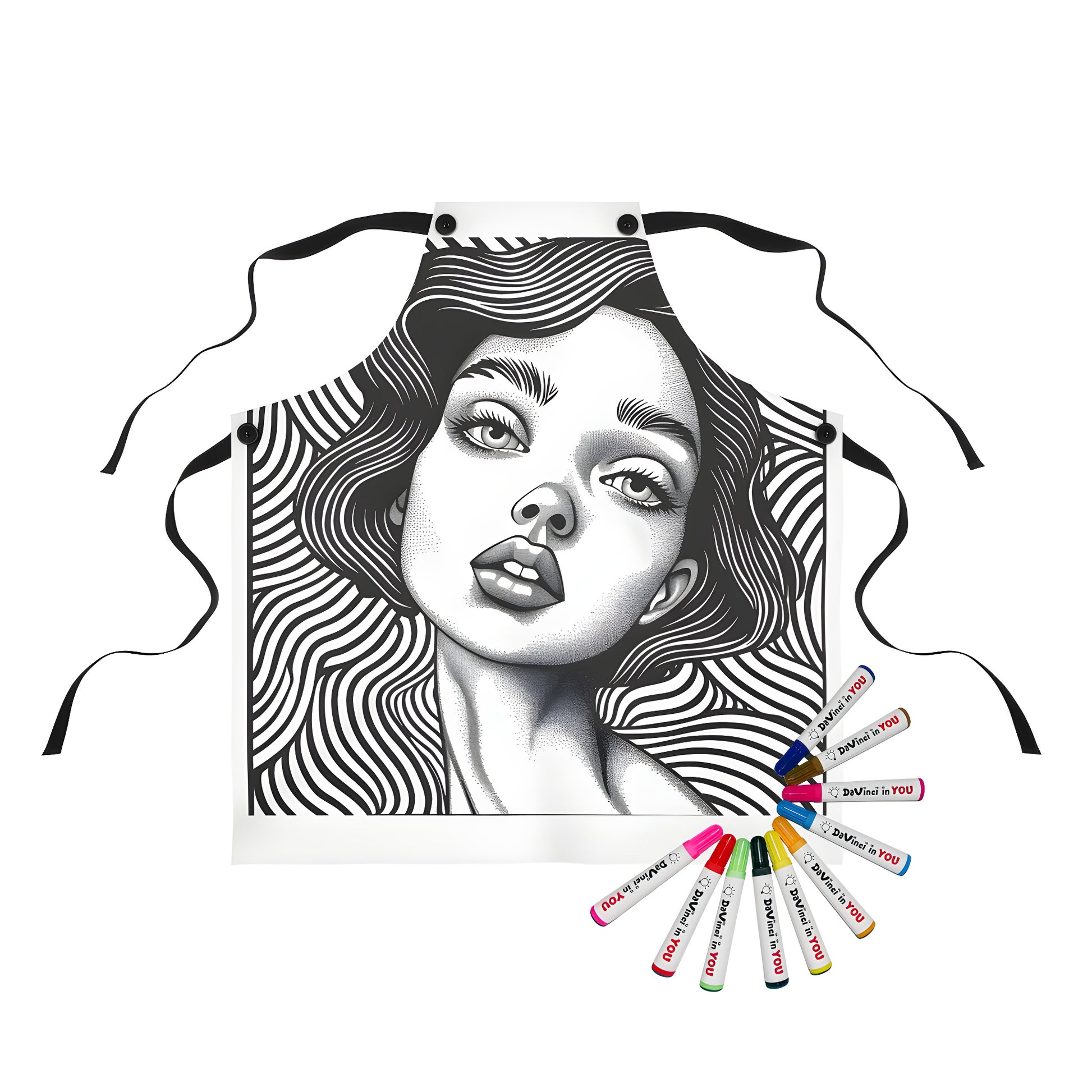 Apron featuring an abstract portrait design of a woman with wavy lines background