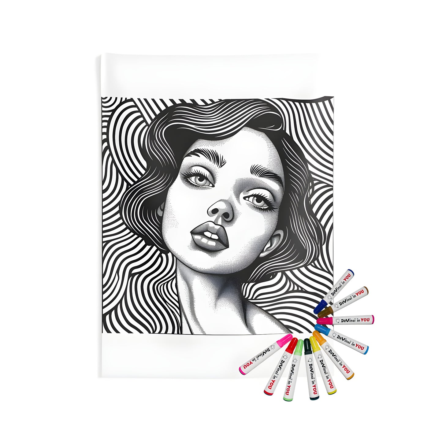 Indoor wall tapestries abstract portrait design, black and white portrait of woman with wavy lines background