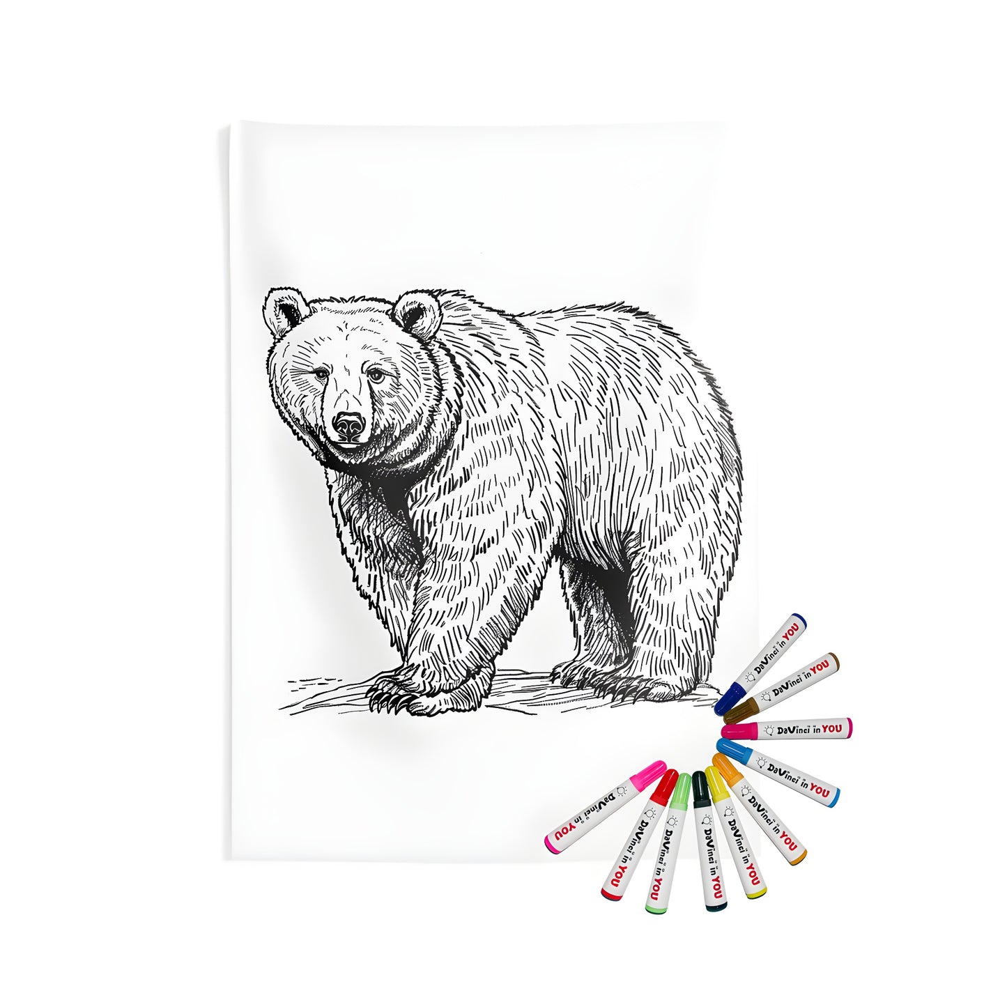 Detailed black and white bear sketch printed on indoor wall tapestries, perfect for home decor. Includes 10 fabric markers.