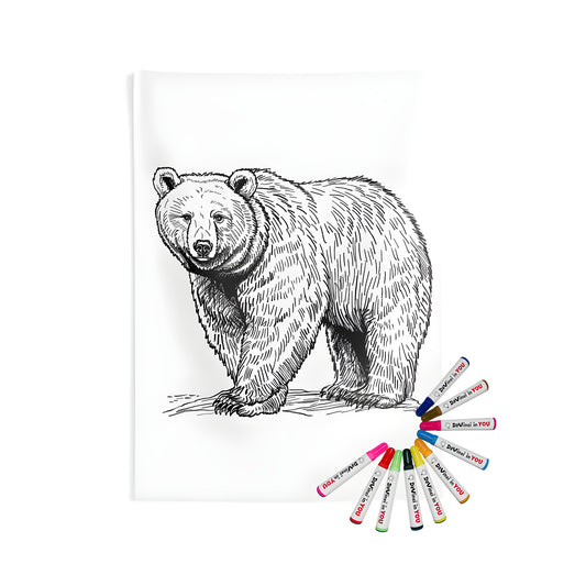 Detailed black and white bear sketch printed on indoor wall tapestries, perfect for home decor. Includes 10 fabric markers.