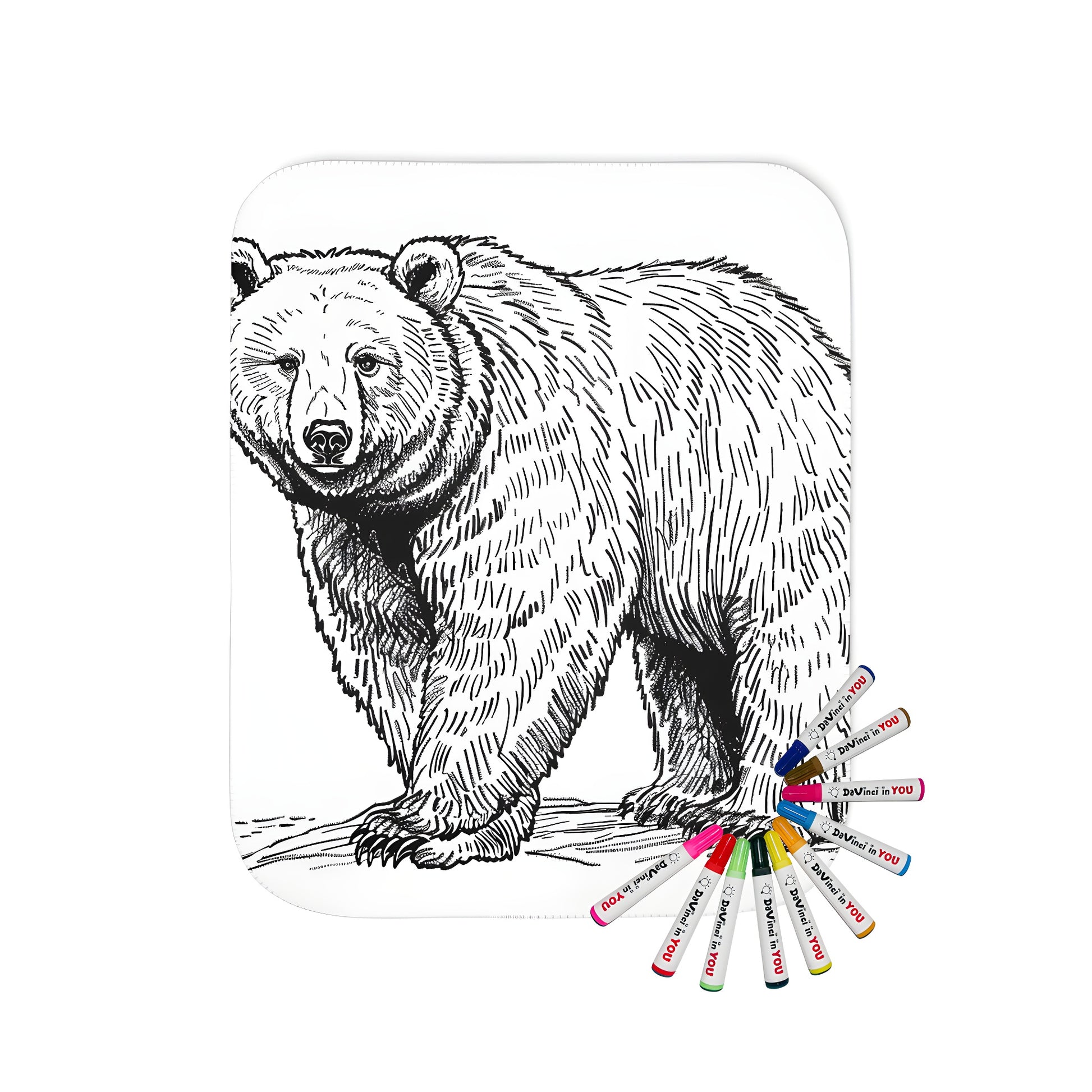 Cozy blanket featuring a detailed black and white sketch of a grizzly bear, great for relaxation and stress relief