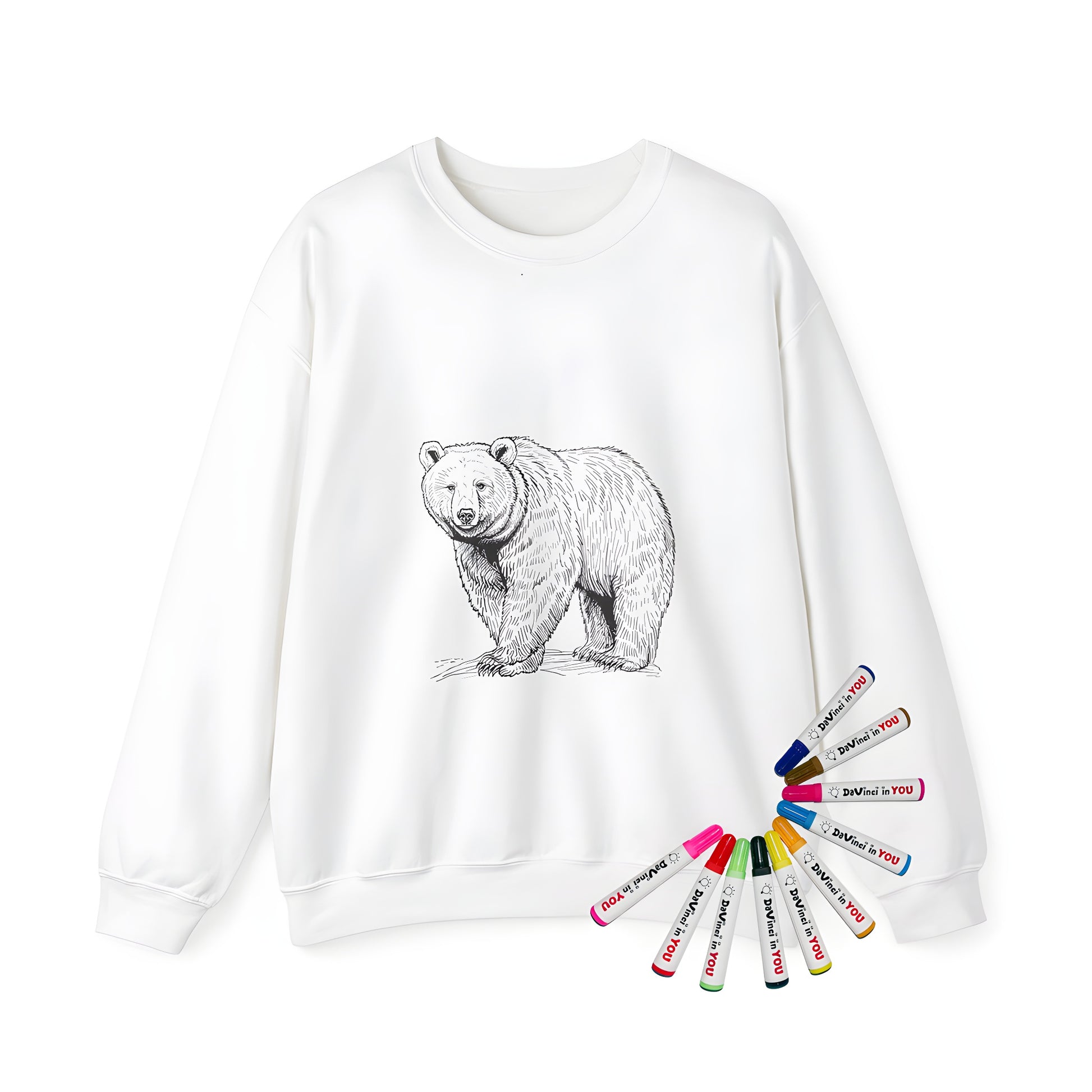 Adult sweatshirt featuring detailed black and white sketch of great bear, North American subspecies, standing on ground