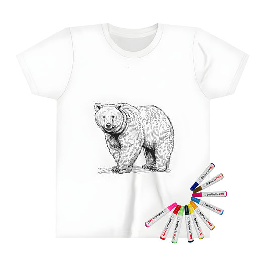 Kids' t-shirt with detailed black and white grizzly bear illustration, perfect for coloring with fabric markers.