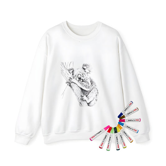 Adult sweatshirt featuring an intricate monochrome illustration of a koala bear hugging and climbing a tree trunk. Includes 10 fabric markers for creative expression.