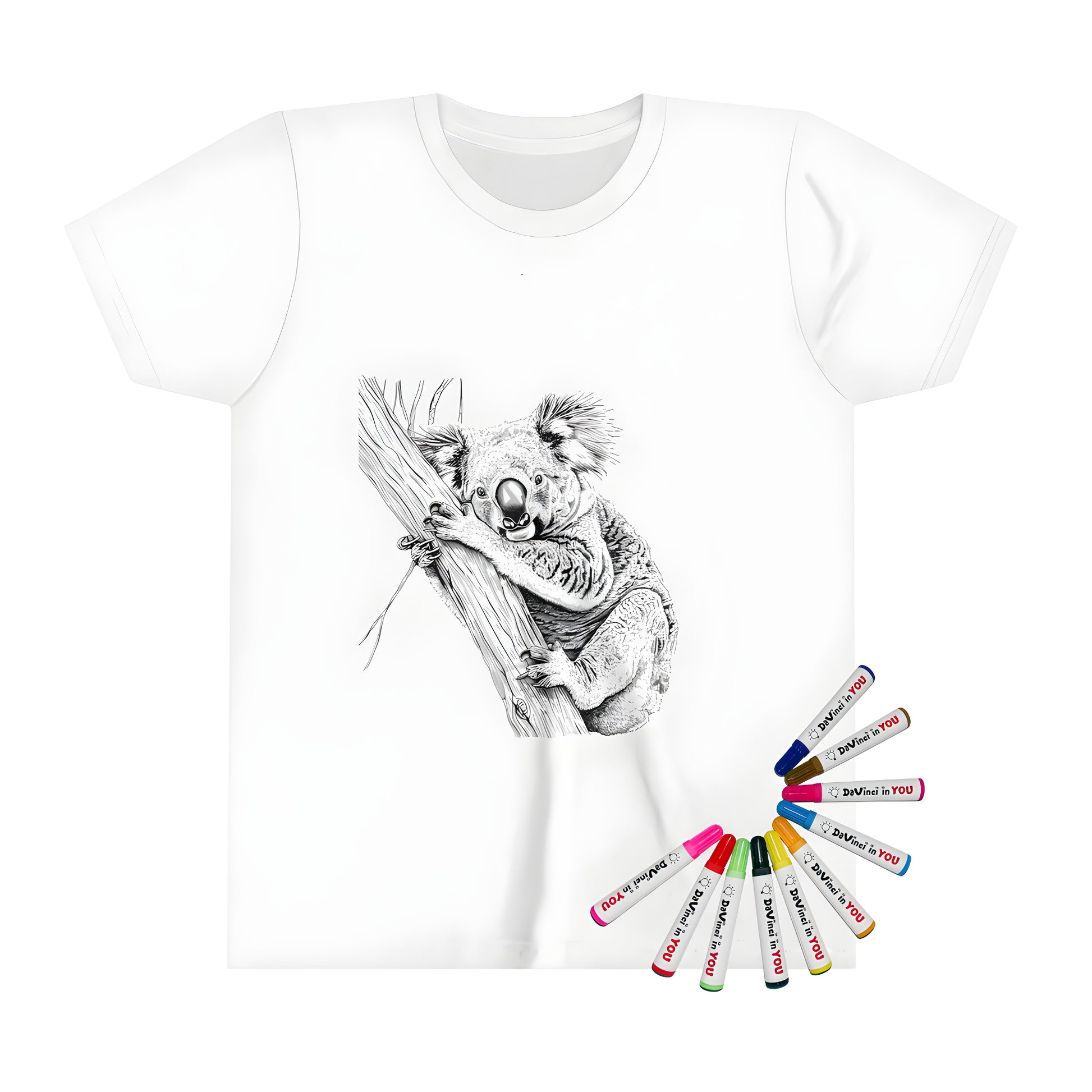 A kid's t-shirt featuring a detailed monochrome illustration of a koala bear hugging and climbing a tree trunk.