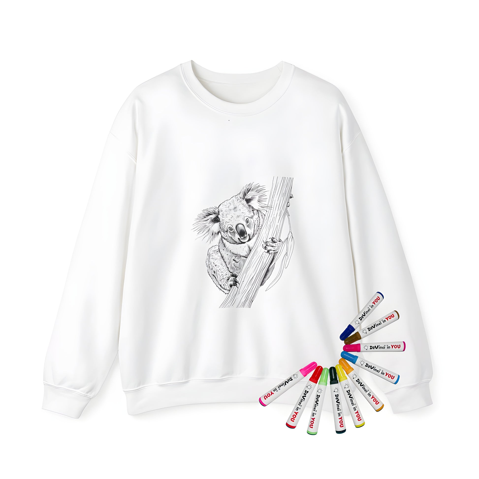 Adult sweatshirt featuring a fun coloring page design of a koala or marsupial hanging from a eucalyptus tree branch in black and white with vibrant fabric markers.