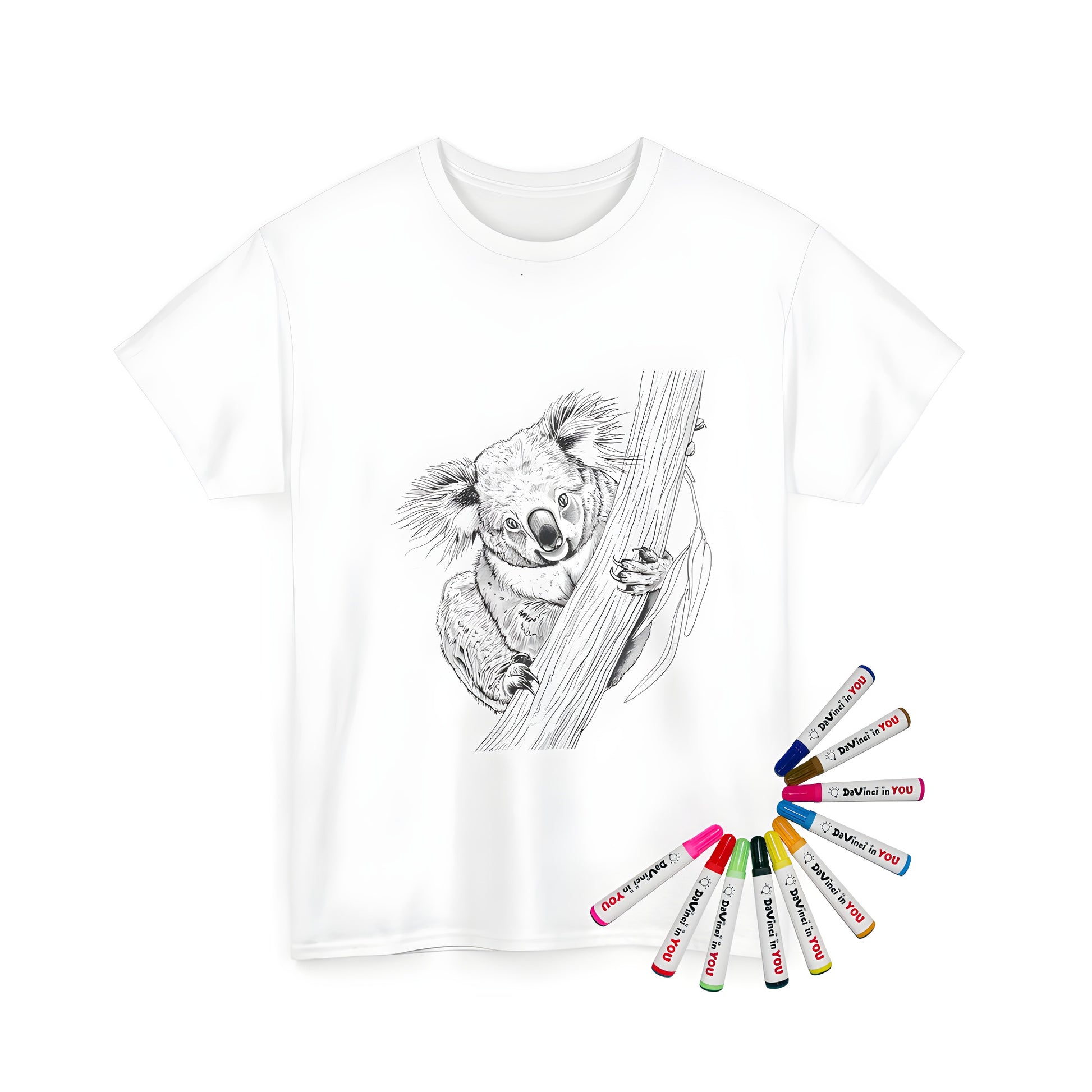 A unisex t-shirt featuring an adorable detailed illustration of a koala holding onto a tree branch, perfect for coloring with fabric markers.