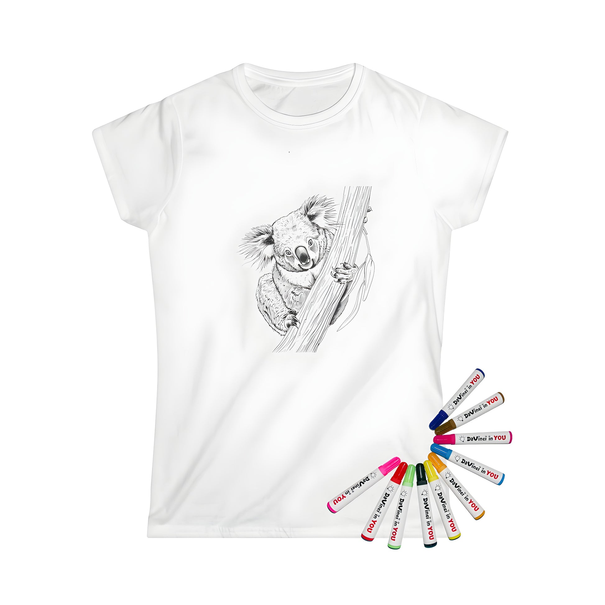 A detailed black and white illustration of a marsupial on a tree branch featured on a colorful women's t-shirt