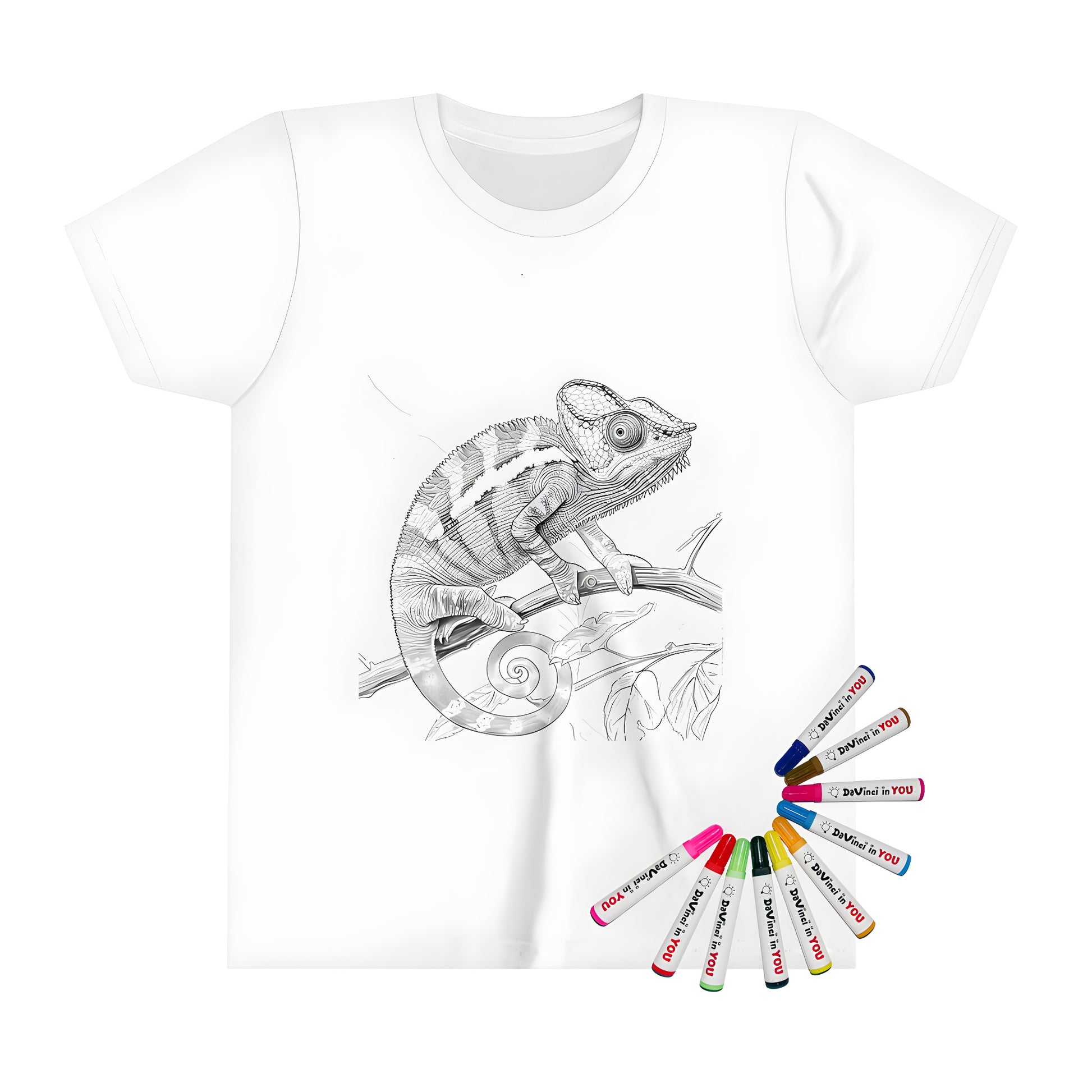 Colorful kid's t-shirt featuring an eye-catching chameleon illustration