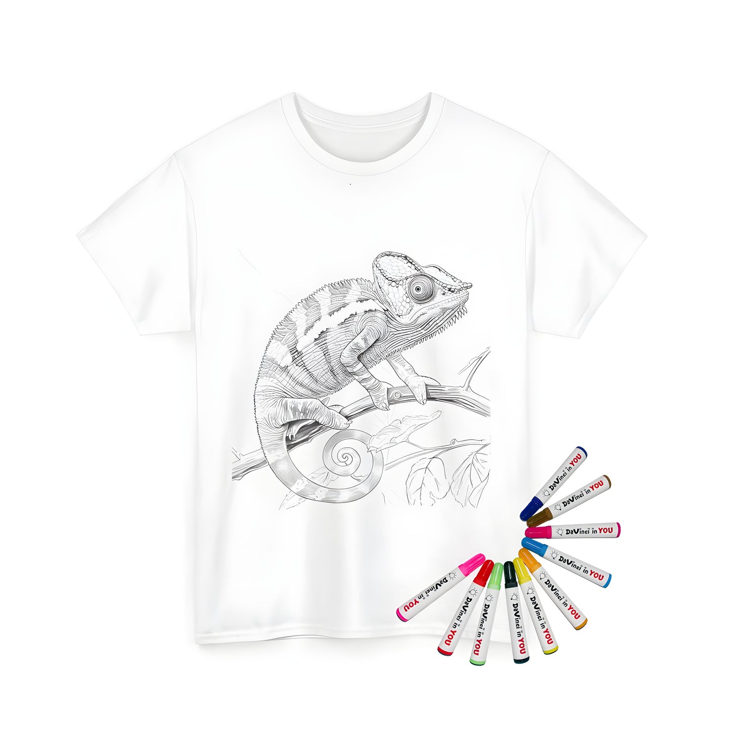 A detailed coloring page of a chameleon illustration perched on a branch with curled tail and textured body printed on a soft Unisex t-shirt