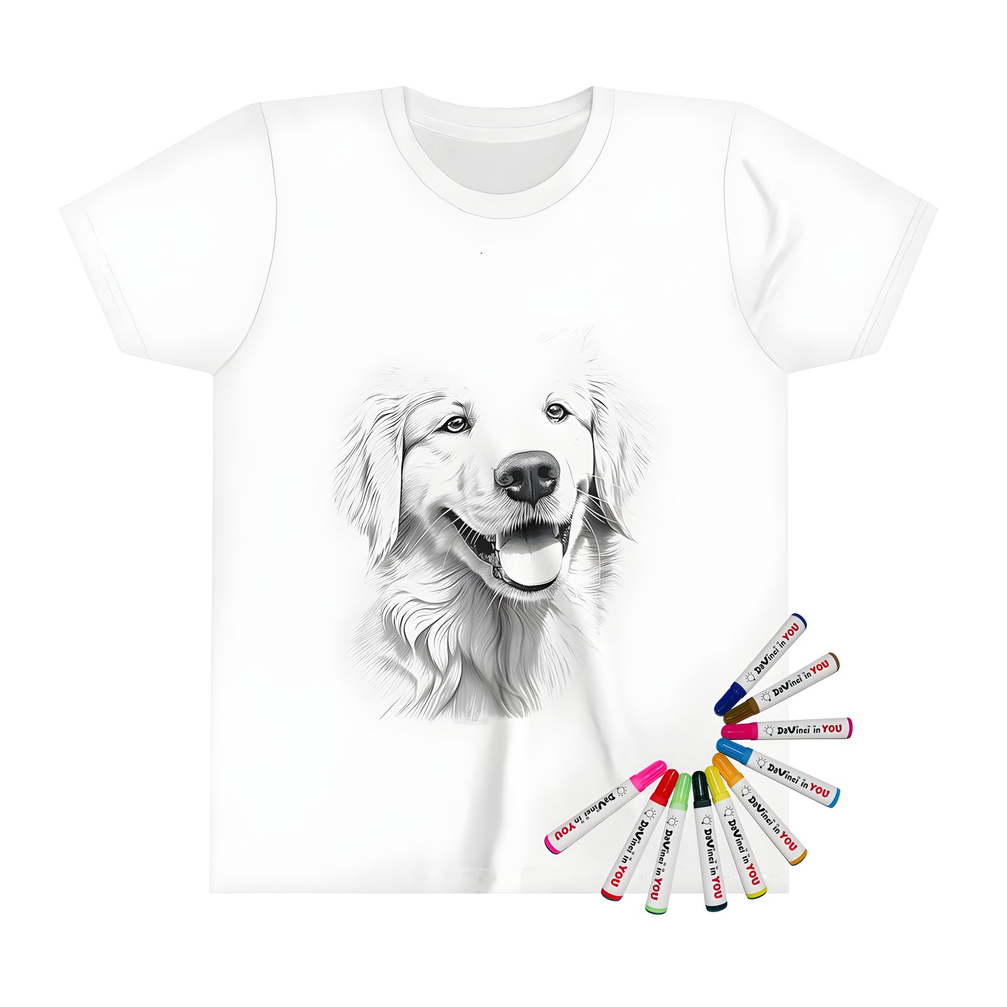 Coloring kit for kids featuring a vibrant golden retriever shirt on a white background